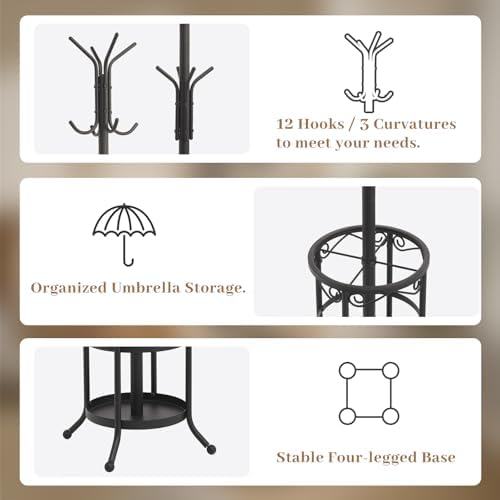 Coat Rack Freestanding with Umbrella Holder – Metal Hanger Stand, Hall Tree with 12 Hooks, Entryway Organizer for Hats, Bags, and Clothes (Black) - Image 4