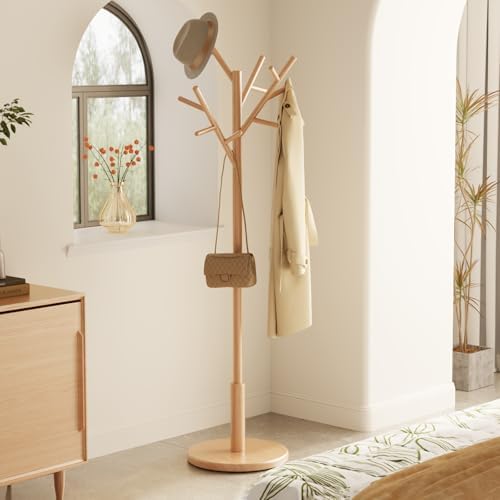 Muwuele Coat Rack,Solid Wood Coat Rack Freestanding with 12 Hooks,Coat tree freestanding 3 Adjustable Heights for coat, Hats, Handbags，Coat Stand for Entryway,Bedroom (Natural) - Image 3