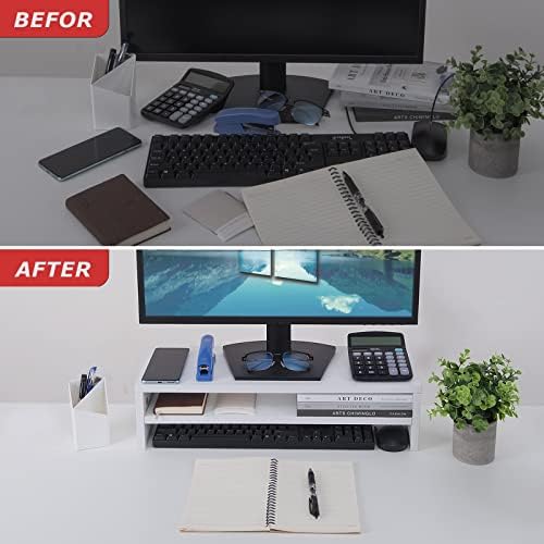 BEYGORM Monitor Stand Riser, White, 21.6 inch, 2 Tiers Wood Desk Shelf - Image 5