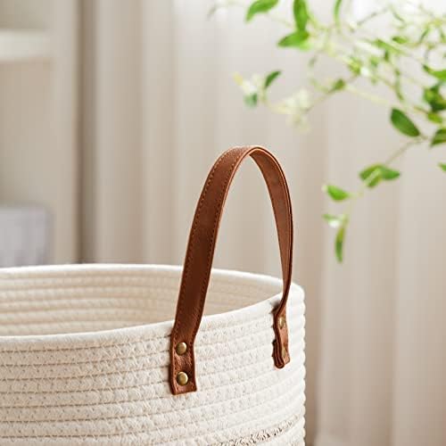 VIPOSCO 30L Small Woven Rope Laundry Hamper, Leather Handles, Brown & White - Image 3