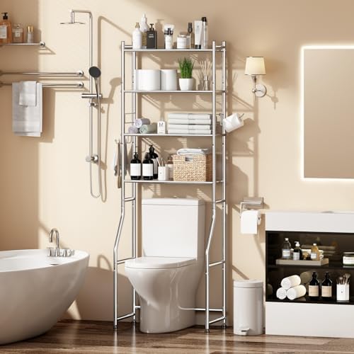 Ekisemio Over the Toilet Storage Cabinet, Metal 4 Tier Bathroom Shelves Over Toilet, Bathroom Oragnizer with 4 Hooks and Paper Holder, Chrome - Image 2
