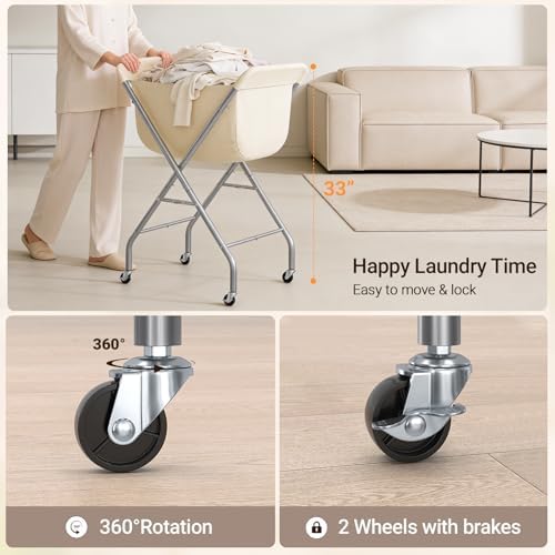 ELYKEN Laundry Basket with Wheels, Collapsible Laundry Hamper, Cream - Image 6
