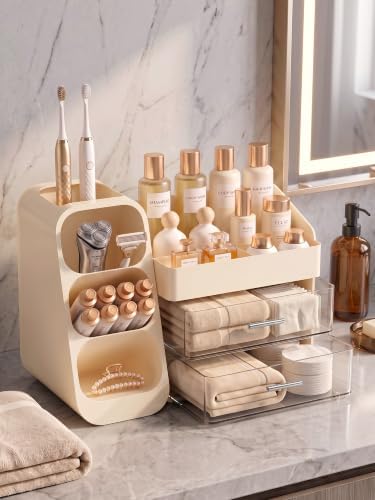 Booklov Large Makeup Organizer for Vanity Countertop, Cream - Image 4