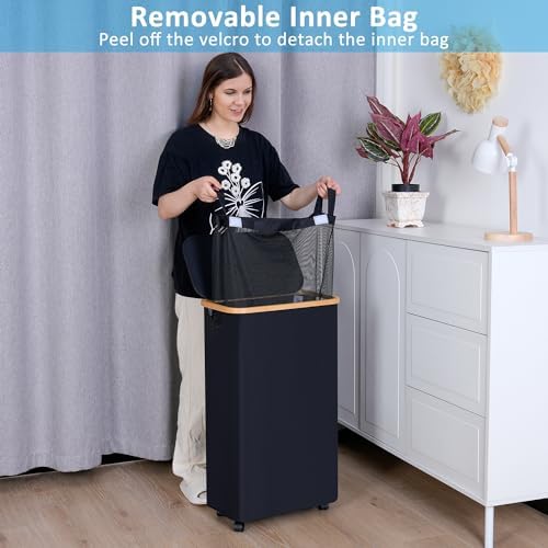 efluky Slim Laundry Basket with Wheels, Narrow Rolling Laundry Hamper with Lid and Removable Bag, Aesthetic Dirty Clothes Hamper on Wheels for Laundry Room, Bedroom, Dorm and Bathroom, 75L Dark Black - Image 3