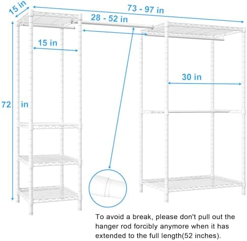 Ulif E10 Clothes Rack（With Stretchable Hanger Rod）Freestanding Clothing Racks for Hanging Clothes，Adjustable Closet Organizer System，Portable Garment Rack 73-97"W x 15" D x 72" H，Max Load 800LBS，White - Image 2