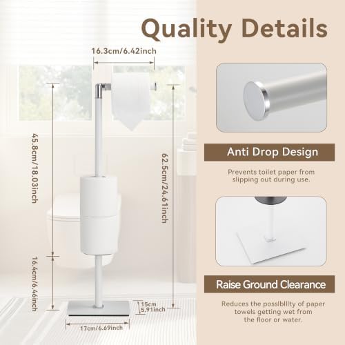 Freestanding Bathroom Tissue Stand with 180° Rotating Arm, 3-Roll Metal Holder, Rustproof White - Image 5