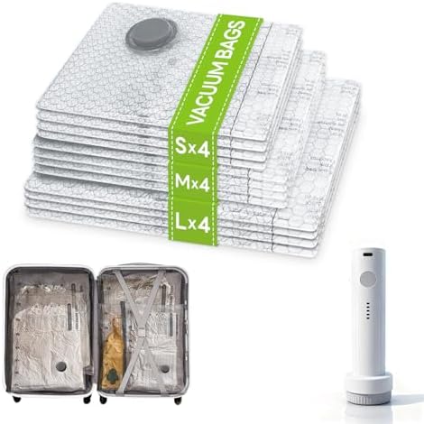 12 Pack Vacuum Bags for Travel with USB Pump,Cordless Travel Vacuum Bag Set for Luggage and Suitcase,Portable Space Saver Storage Seal Packing Bags for Clothing by Tinzum