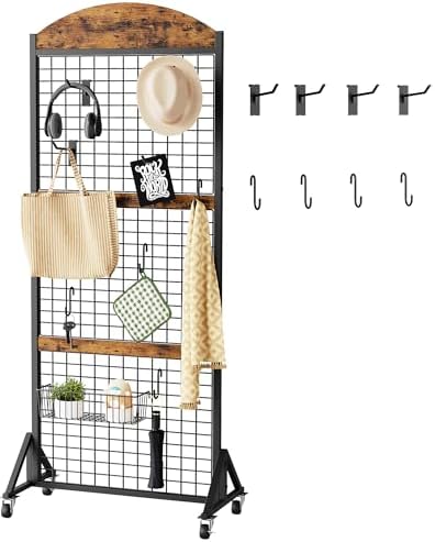 CHOEZON Grid Wall Panel 5.7’ x 2’ FT Grid Display Rack, Movable Gridwall Display Stand with Wheels,Floorstanding Wire Grid Rack with 4 S-Shaped Hooks and 4 Garment Hooks Rustic Brown and Black TCJ17BF by Choezon