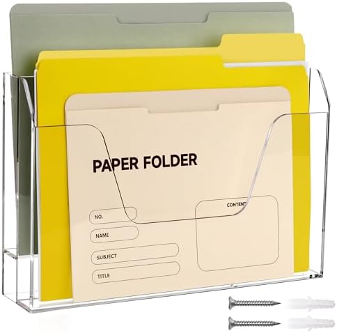 DINGHUO Wall Hanging File Organizer, Acrylic Mail Organizer wall mounted File Holder, Clear 2 Tier Folder Paper Document Magazine Rack for Desk Office School Home - 1 Pack by DINGHUO