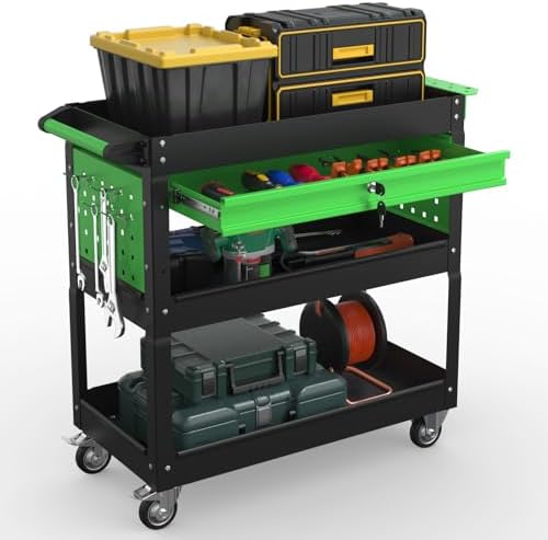 3 Tray Rolling Tool Cart with Drawers, 400 LBS Capacity Mechanic Tool Cart on Wheels, Heavy Duty Utility Cart with Pegboard, Metal Work Cart for Garage and Repair Shop, Blackgreen by Pelnuies