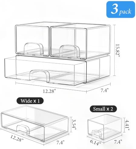 Clear Stackable Storage Drawers Set of 3 Bathroom Makeup Organizer Bins - Image 2