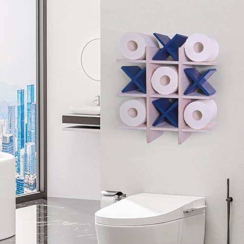 DAOYOUSKY Tic Tac Toe Toilet Paper Holder Stand with 4pcs Wooden X, Farmhouse Rustic Wall Mounted Funny Toilet Papers Storage Organizer with Shelf, Guest Bathroom Decor, White and Blue - Image 2