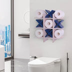 DAOYOUSKY Tic Tac Toe Toilet Paper Holder Stand with 4pcs Wooden X, Farmhouse Rustic Wall Mounted Funny Toilet Papers Storage Organizer with Shelf, Guest Bathroom Decor, White and Blue - Image 2