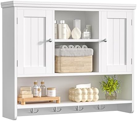 31.5"W Bathroom Wall Cabinet with Hooks, 3-Tier Wall Mounted Cabinet by Keehusux