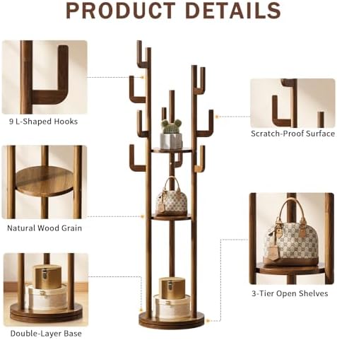Yoobure Rotary Coat Rack Freestanding - Solid Wood Coat Tree with 9 hooks & 3 Storage Shelves for Purse, Bag, Jacket, Hat, Corner Hanger Stand Racks for Hall, Entryway, Office, Modern Clothes Holder - Image 5