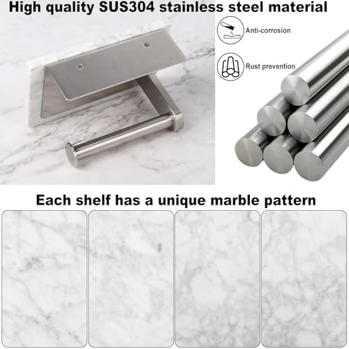 Toilet Paper Holder with Natural Marble Shelf for Bathroom Washroom,Wall Mounted Tissue Holder Suitable for Mega Roll (Brushed Nickel,Small 6.7 * 4.3 in) - Image 3