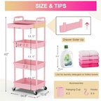 Goovilla 4 Tier Rolling Utility Cart Organizer with Removable Drawer, Pink - Image 4