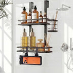 Over the Door Shower Caddy Hanging, Rustproof Shower Shelves with Waterproof Phone Pouch, 2-Tier Adjustable Bathroom Organizers and Storage, No Drilling Shower Shelf, Black Shampoo Soap Holder by WEYALLE