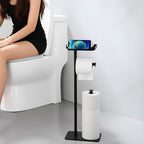 Toilet Paper Holder Stand with Phone Shelf, Rustproof Free Standing Toilet Paper Stand for 4 Rolls, Toilet Roll Dispenser Storages for Phones, Wipe, Wallet and Small Items, Black - Image 3
