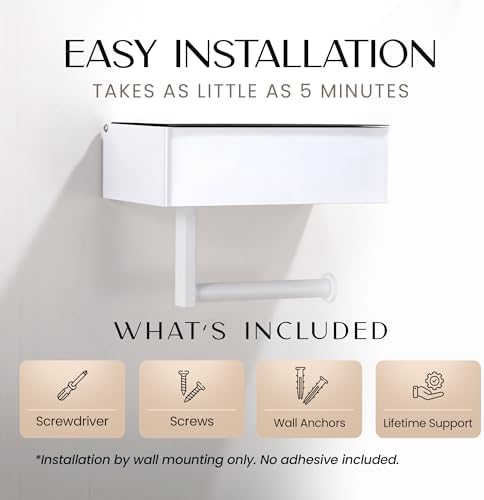 Day Moon™ - Toilet Paper Holder with Shelf - Modern Roll Holder for Bathroom - 1 Pack - Wall Mount - with Storage, White - Image 5