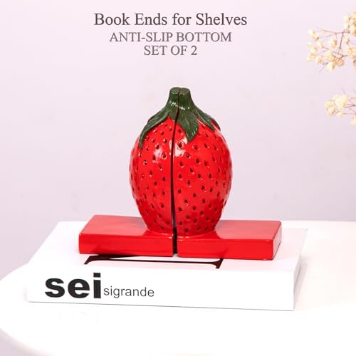 Strawberry Decorative Bookends, Cute Aesthetic Resin Book Ends for Shelves - Image 4