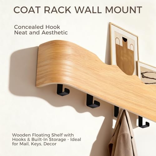 Coat Rack Wall Mount with Shelf Entryway Shelf Modern Key Holder Hanger Wall Shelves with Hidden Hooks for Hanging Towels Coats Hats Bags for Hallway Bathroom Bedroom(Wavy Oak, 5 Hooks) - Image 4