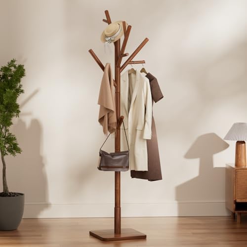 Solid Wood Coat Rack - Freestanding Coat Hat Rack Stand with 14 Hooks, Clothes Rack Heavy Duty Space Saving Entryway Coat Tree Hanger Rack for Coats Jackets Hats Bags, Adjustable Height by Olpchee