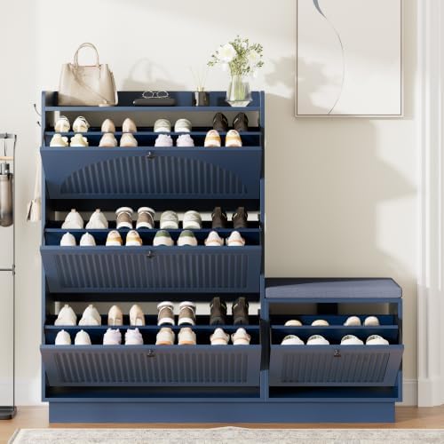 Shoe Cabinet with Bench, 4‑Flip Drawer Fluted Shoe Storage Cabinet with Removable Adjustable Shelves, Side Hooks & Anti‑Tip Device, Freestanding Entryway Shoe Organizer for Hallway, Blue - Image 3