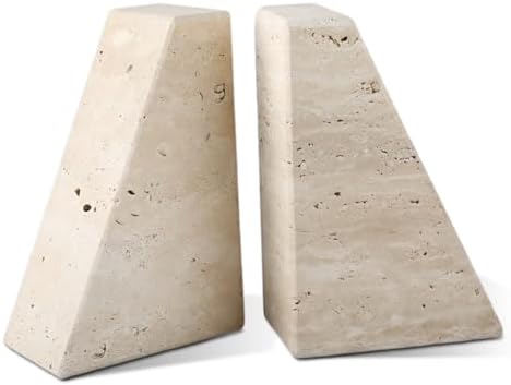 Karibiber Travertine Bookends for Heavy Books, Marble Decorative Bookends for Shelves, Heavy-Duty Stone Book Ends for Hardback Book & Cookbooks, Unique Book Stopper & Holder, Travertino Italy by Karibiber