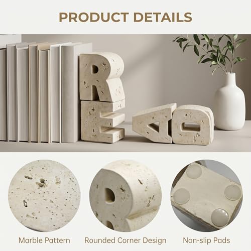 Book Ends Decorative with Read Design Resin Bookends for Heavy Books Book Holders for Shelves Book Stoppers with Non-Slip Pads Unique Read Sign Beige Bookend Gift for Book Lovers - Image 3