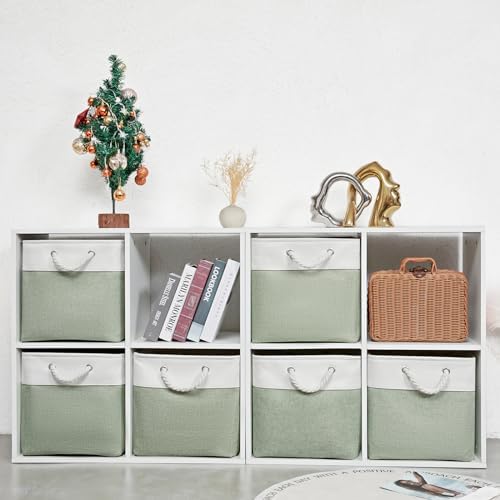 13 x 13 Inch Cube Storage Bins,Storage Cubes for Shelves，Foldable Organizer Boxes with Handles, Decorative Storage Basket for Organizing Clothes, Toys, Books(White&Green) - Image 2