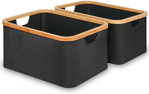 efluky Storage Baskets for Organizing, Fabric Storage Bins with Bamboo Handles, Collapsible Storage Baskets for Shelves and Closet (Black, 16.2'' x 13'' x 9.1'') by efluky
