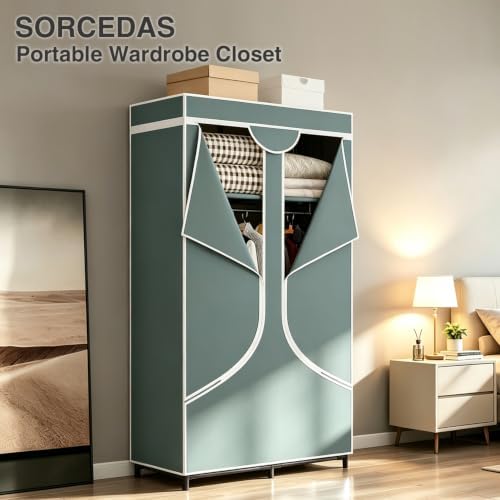 SORCEDAS Portable Closet Wardrobe with Hanging Rods Shelves Clothes Storage - Image 2