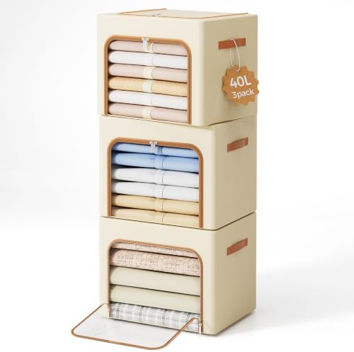 Yecaye 3-Pack 40L Clothes Storage Bins, Storage Bags for Clothes, Beige by Yecaye