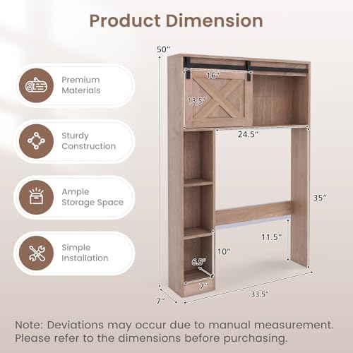 GIANTEX Over The Toilet Storage Cabinet - Freestanding Bathroom Organizer with Sliding Barn Door & Storage Shelves, Multifunctional Bathroom Toilet Rack for Bathroom, Restroom, Laundry (Rustic Brown) - Image 3