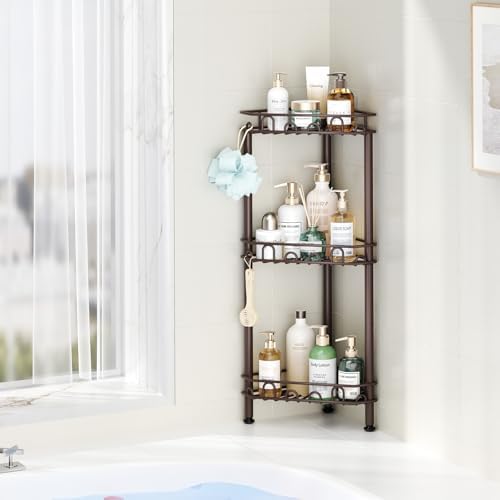 SWTYMIKI Standing Shower Caddy Corner - 3‑Tier Stainless Steel Shower Organizer Shelf with 12 Hooks and Adhesive Pads, Rustproof Corner Shelves Stand Rack for Bathroom Shower Room, Bronze - Image 5