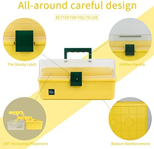 Creahaus 13 inch Art Craft Organizer Storage Box with 3 Layer, Multipurpose Plastic Tool Box with Handle for Sewing, Art Supply, Medicine, Nail, Hair Accessories (Yellow) - Image 3