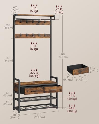 VASAGLE Hall Tree with Bench and Shoe Storage, 2 Fabric Drawers, 10 Hooks - Image 6
