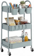 danpinera 3-Tier Rolling Cart, Utility Cart Mobile Metal Rolling Storage Cart with Lockable Wheels & Hanging Cups & Hooks for Kitchen, Bathroom, Office, Workshop, Gray Blue by danpinera