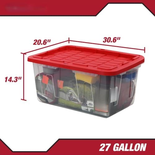 2 Pack 27 Gallon Clear Plastic Storage Bin With Red Snap Lid, Stackable And Nestable Tote With Built-in Handles, Organizer Container For Garage Closet Dorm Household Holiday Decor Tough With - Image 2