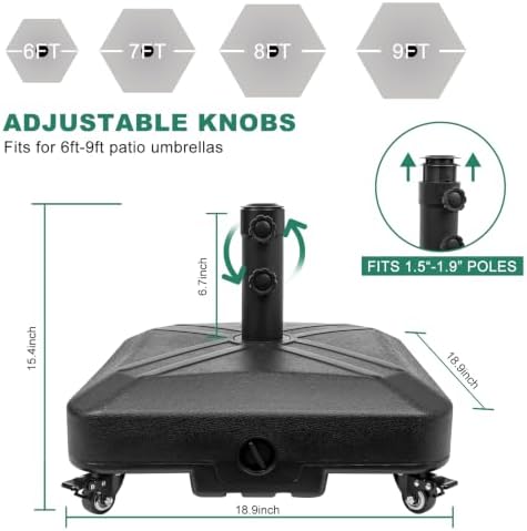 Patio Umbrella Base Heavy Duty with Wheels Square Market Stand for Outdoor 4 Locks 2 Knobs 125lb Capacity, Black - Image 2