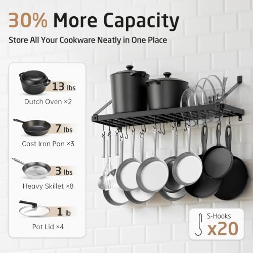 KES 75 lb High-Capacity Pot Rack Wall Mounted with Pot Lid Holder 34 Inch - Image 3