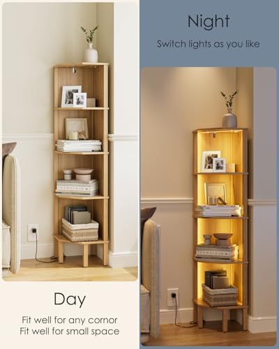 Corner Shelf Stand, 5 Tier Corner Bookshelf with Light,Corner Furniture for Bedroom Display Corner Shelf for Small Space,Wood Shelves with Storage Rack for Living Room,Office,Oak - Image 4