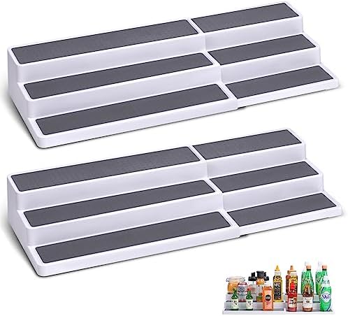 CiWiVOKi 3 Tier Expandable Spice Rack Organizer, White/Grey Plastic Spice Rack, Adjustable Length 14.6In-25.8In, 2 Pack Non-Skid Tiered Spice Shelf Organizer for Kitchen Cabinet, Cupboard, Pantry by CiWiVOKi