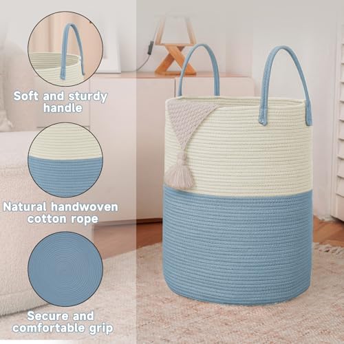 JMvicyroam 80L Cotton Rope Laundry Basket Hamper, White and Blue - Image 6