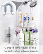 Hanging Shower Caddy, Stainless Steel, 2-Tier Bathroom Organizer Rack over Shower Head with 2 Hooks for Razor and Sponge - Image 4