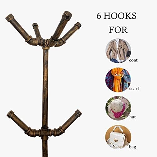 Industrial Coat Rack, Metal Pipe Coat Rack Stand Freestanding with 6 Hooks, Heavy Duty Coat Tree Sturdy Coat Racks for Entryway, Hallway, Bedroom (Vintage gold) - Image 4