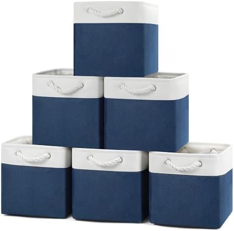 Posprica 11×11×11 Storage Cubes, Collapsible Storage Bins Organizer for Closet, Fabric Storage Box with Cotton Rope Handles, Decorative Storage Baskets for Shelves, set of 6 - White/Blue by Posprica