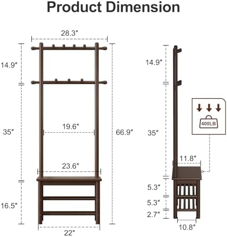 AQIMUELE Hall Tree, Coat Rack with Shoe Storage, Wooden Hall Tree with Bench, 11 Hooks and 2-Tier Storage Shelves, Entryway Bench with Coat Rack (23.6" - Deep Walnut) - Image 2