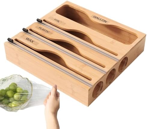 Bambooss Roll Organizer Holder - Ziplock Bag Organizer | Wooden Bag Holde, Wrap Dispenser with Cutter and Labels, Wooden Ziplock Drawer, Food Storage Drawer for Kitchen by Unknown